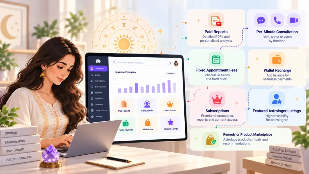Astrology portal monetization features including paid reports, per-minute consultations, appointment fees, wallet recharge, subscriptions, and product sales.