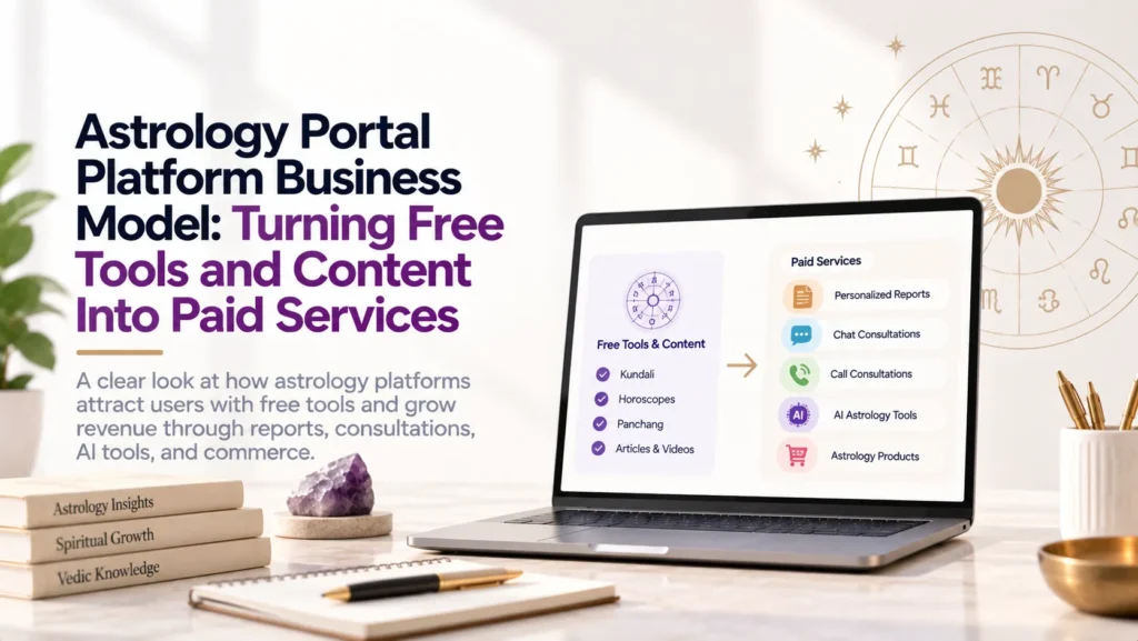 Astrology portal platform business model converting free Kundali, horoscopes, Panchang, and content into paid reports, consultations, AI tools, and products.