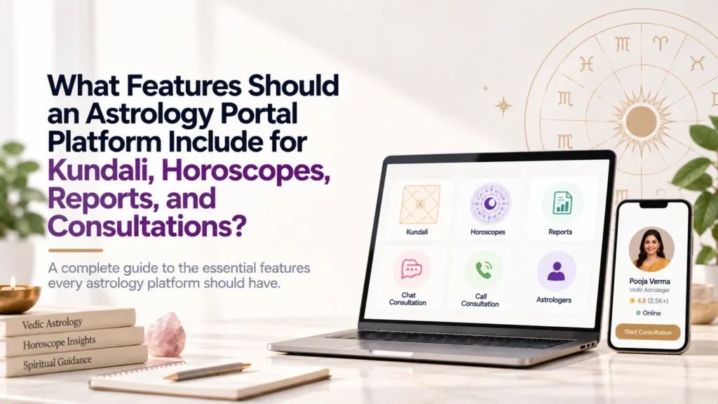 Astrology portal platform features including Kundali generation, horoscopes, personalized reports, astrologer profiles, and chat and call consultations.