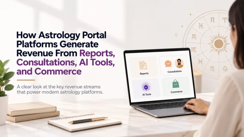 Astrology portal platform revenue model using paid reports, astrologer consultations, AI tools, and astrology commerce.