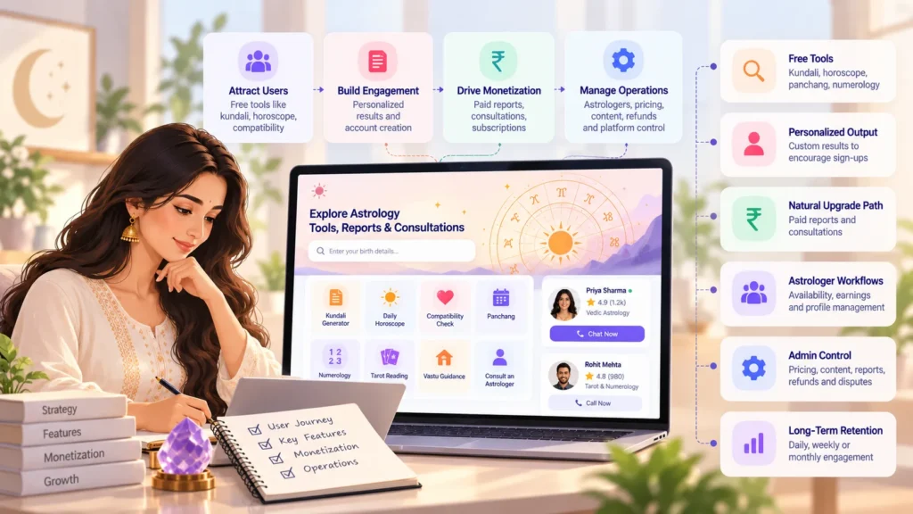 Astrology portal user journey from free Kundali and horoscope tools to personalized reports, consultations, subscriptions, and admin-managed services.