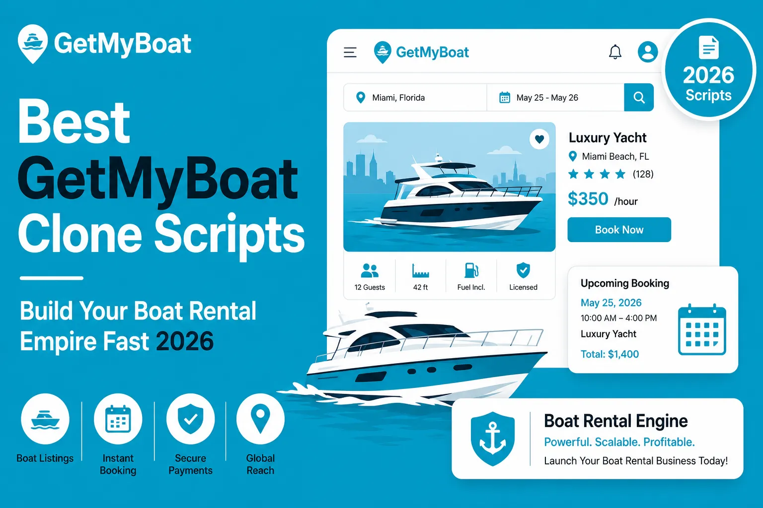 GetMyBoat clone script visual showing boat rental app interface, yacht listing, instant booking, secure payments, upcoming booking, boat listings, global reach, and boat rental engine.