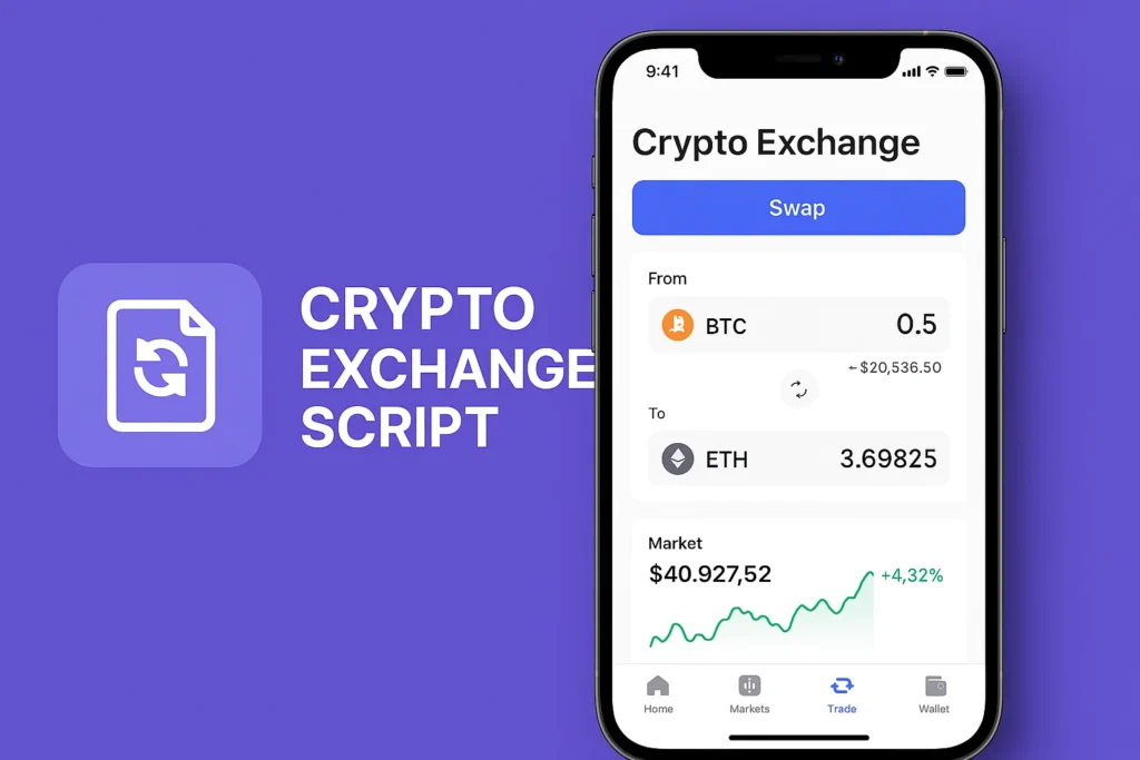 Mobile screen displaying crypto exchange script app interface for Bitcoin to Ethereum conversion with live market graph.