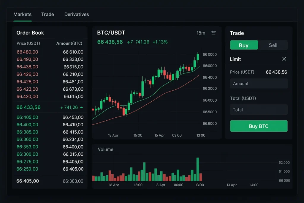 Crypto trading dashboard displaying BTC/USDT market chart, order book, trade volume, and buy-sell interface.