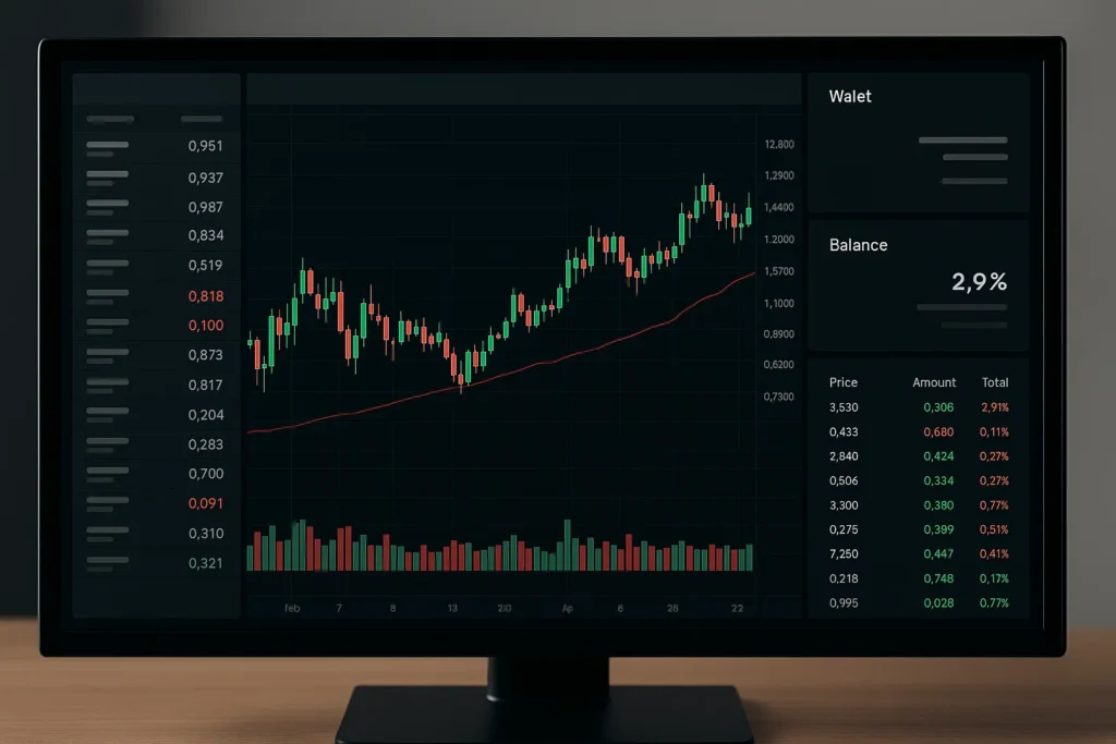Computer monitor showing crypto trading dashboard with candlestick chart, wallet balance, and live price data.