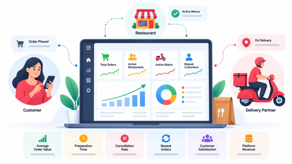 What Is a Food Delivery Marketplace and How Do Orders, Restaurants, Riders, and Payments Work? 2 Food delivery marketplace analytics dashboard tracking orders, restaurants, riders, repeat customers, preparation time, cancellations, and revenue