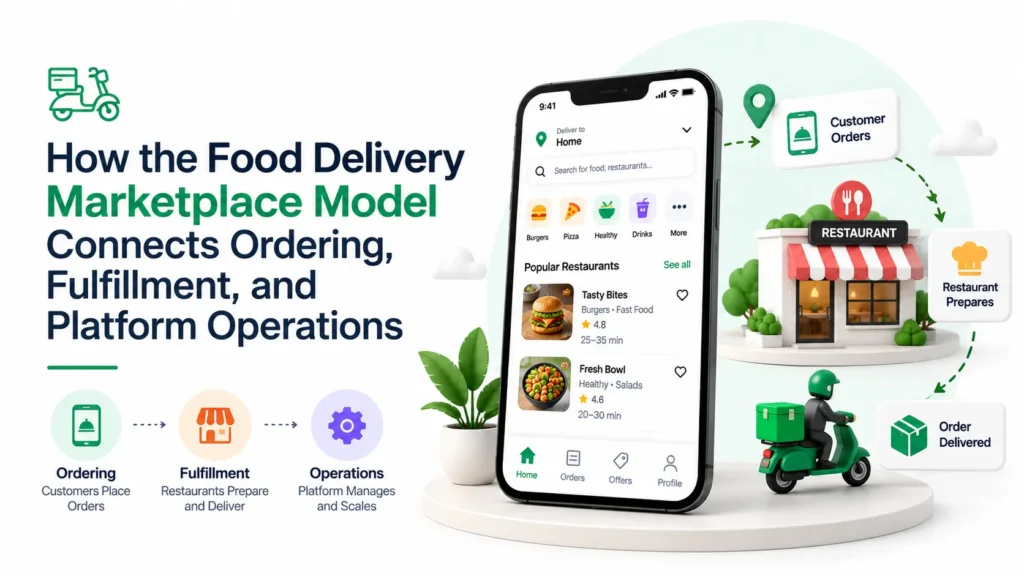 Food delivery marketplace model connecting customer ordering, restaurant fulfillment, delivery, and platform operations