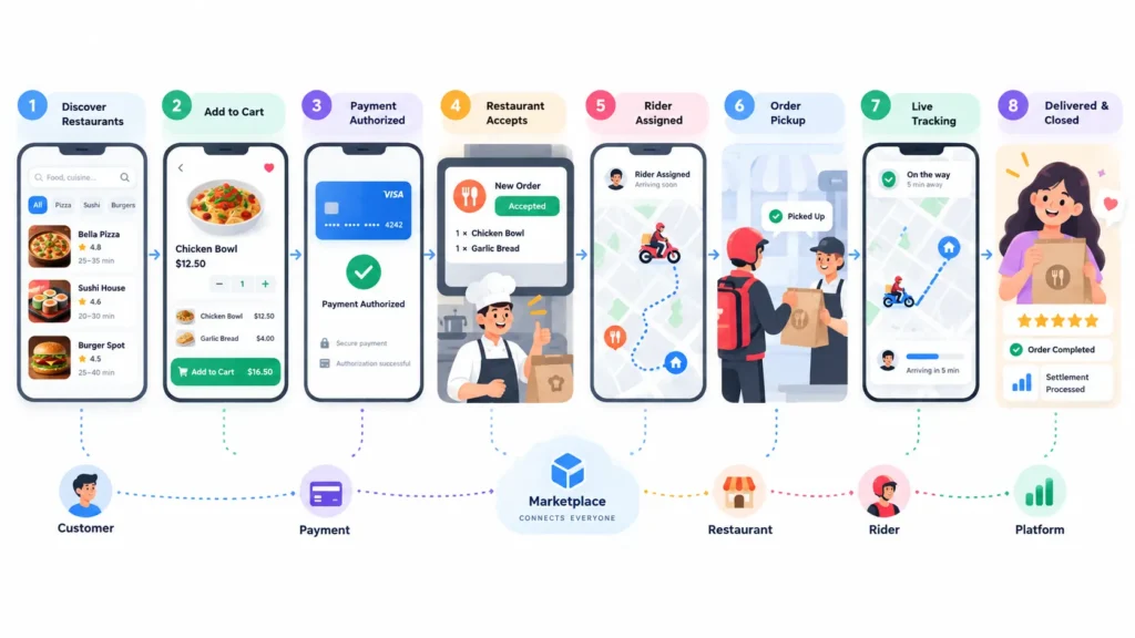 What Is a Food Delivery Marketplace and How Do Orders, Restaurants, Riders, and Payments Work? 1 Step-by-step food delivery marketplace order flow from restaurant discovery and payment to rider delivery and settlement