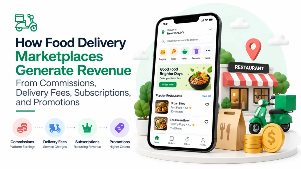 Food delivery marketplace revenue model showing commissions, delivery fees, subscriptions, and promotions