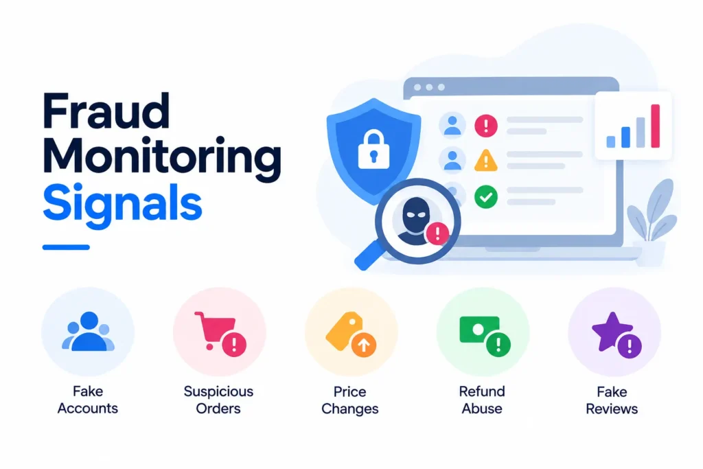 Regional Ecommerce Marketplace Security: Protecting Seller Accounts, Payments, Customer Data, and Orders 2 Fraud monitoring signals in an online marketplace including fake accounts, suspicious orders, price changes, refund abuse, and fake reviews