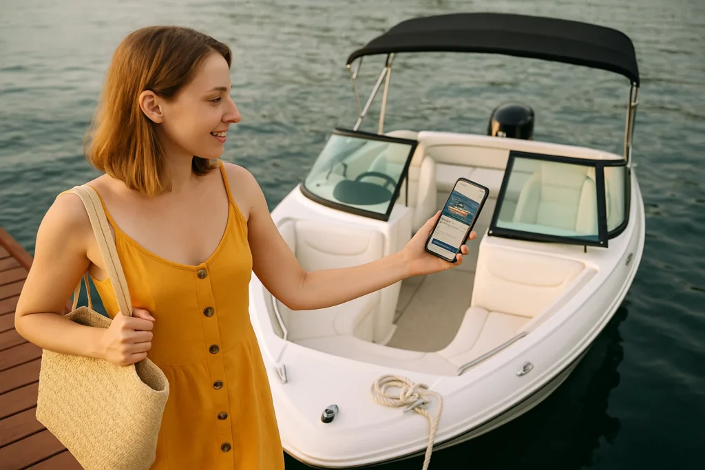 Woman using the GetMyBoat app on her smartphone to book a boat rental by the dock.