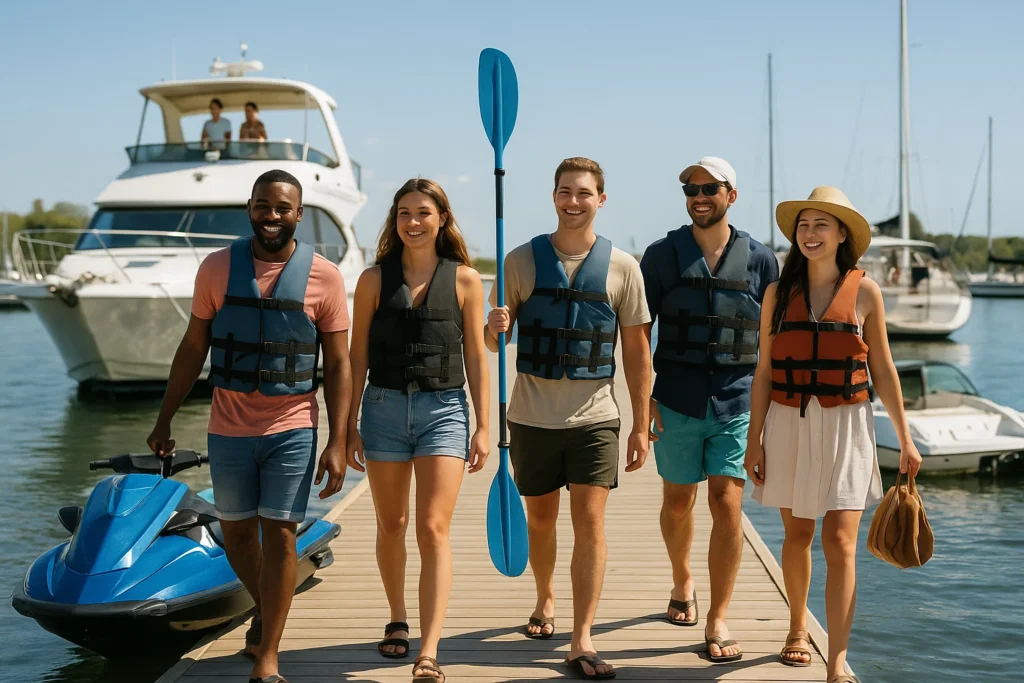 Happy group of GetMyBoat users walking on the dock preparing for a yacht and jet ski rental.