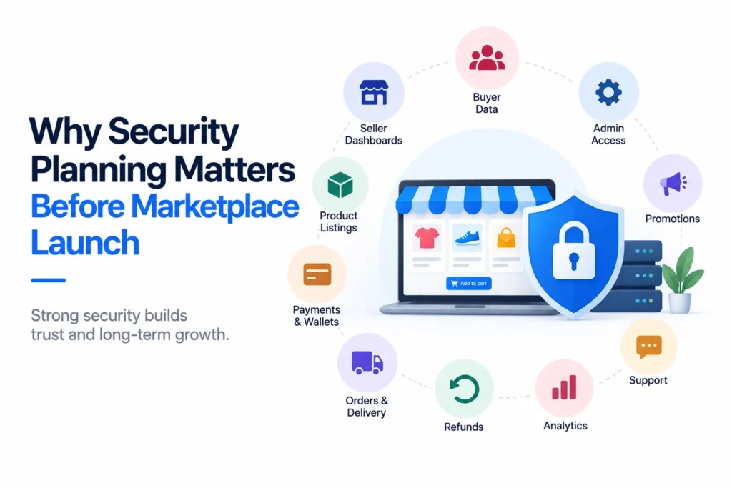 Regional Ecommerce Marketplace Security: Protecting Seller Accounts, Payments, Customer Data, and Orders 1 Marketplace security planning before launch covering seller dashboards, buyer data, payments, orders, refunds, admin access, and support
