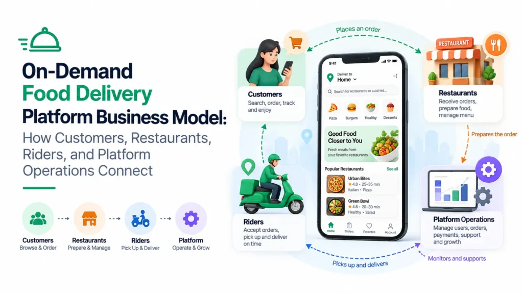 On-demand food delivery platform business model showing how customers, restaurants, riders, and platform operations connect.