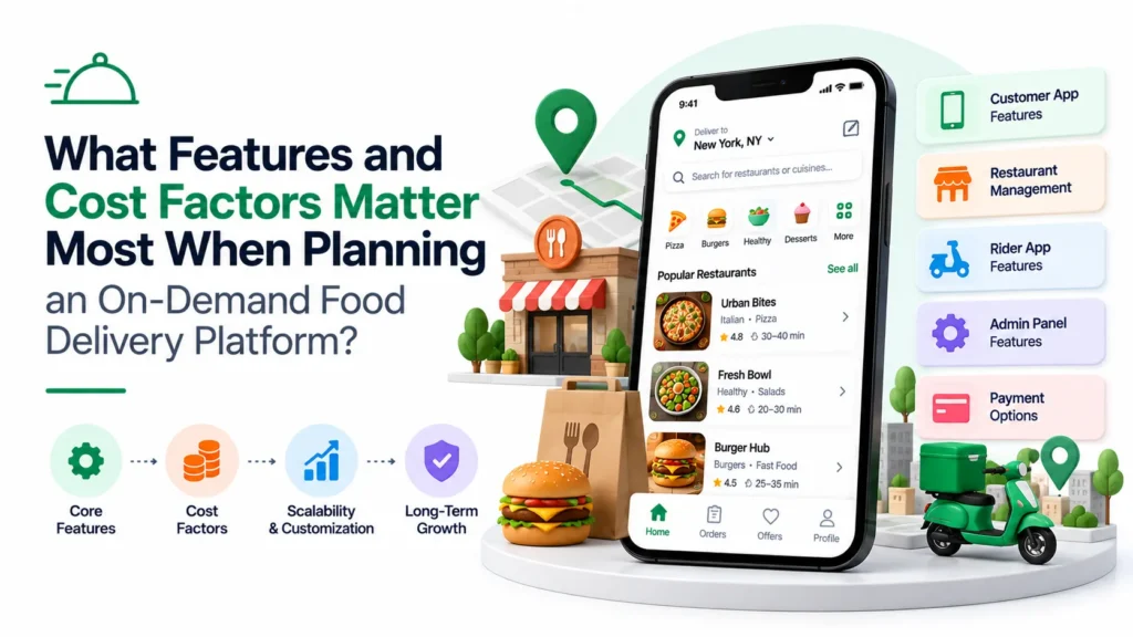 On-demand food delivery platform features and cost factors covering customer app, restaurant management, rider app, admin panel, payments, scalability, and customization.