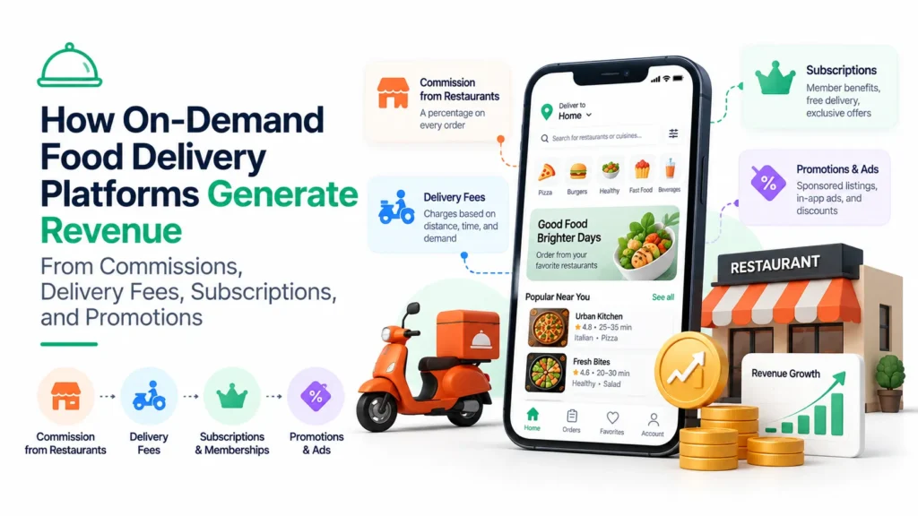 On-demand food delivery platform revenue model showing restaurant commissions, delivery fees, subscriptions, promotions, and advertising. Image Title: How On-Demand Food Delivery Platforms Generate Revenue Caption: Image Source: AI-generated visual by Miracuves