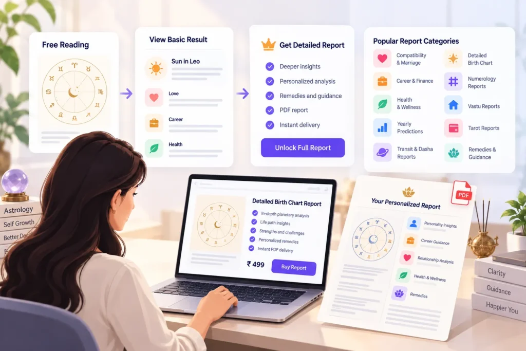Paid astrology reports monetization journey from free readings and basic results to detailed birth chart, compatibility, career, health, and prediction reports.