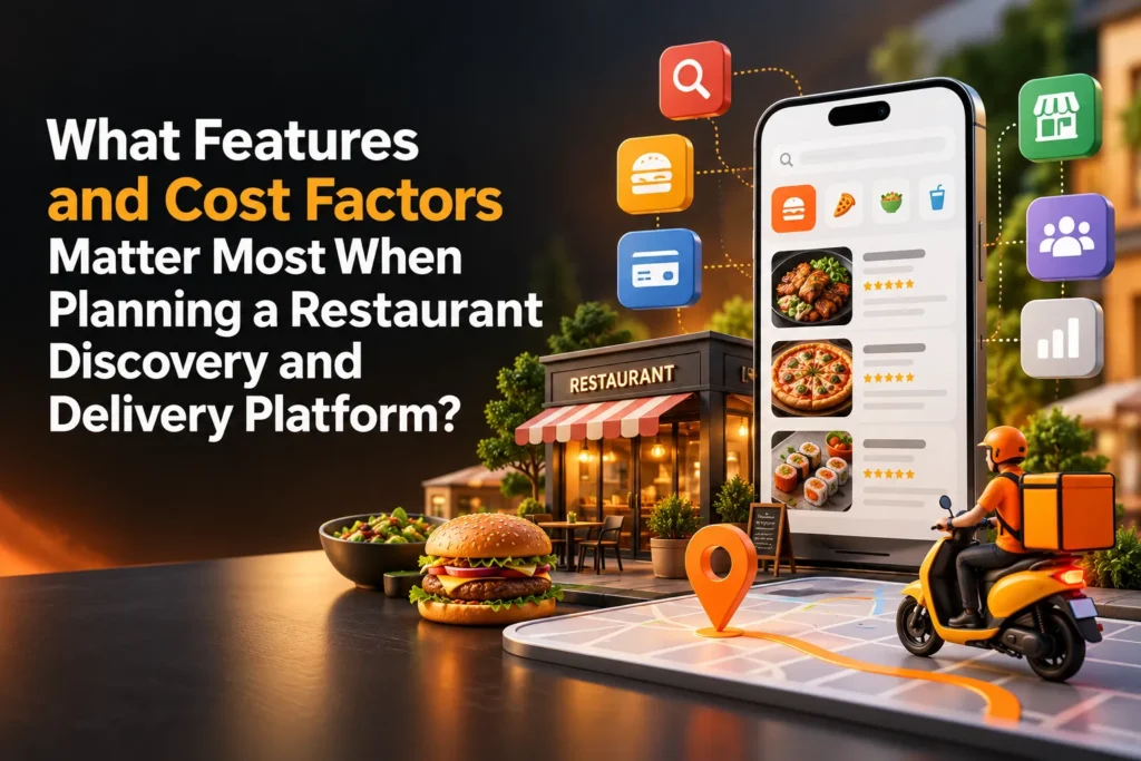 Restaurant discovery and delivery platform showing food ordering app features, restaurant listings, delivery tracking, payment options, and development cost factors.