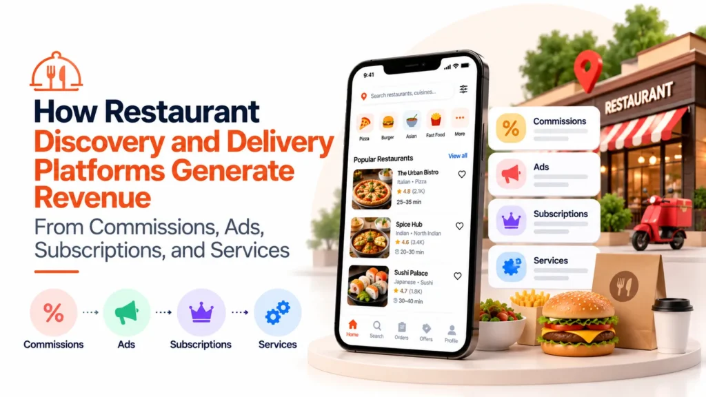 Restaurant discovery and delivery platform revenue model featuring commissions, sponsored listings, subscription plans, delivery fees, merchant services, and revenue analytics.
