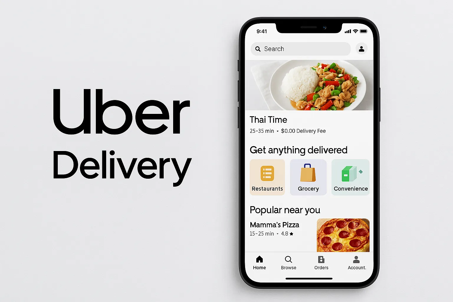 Uber Delivery app logo and mobile interface showing restaurant and grocery categories