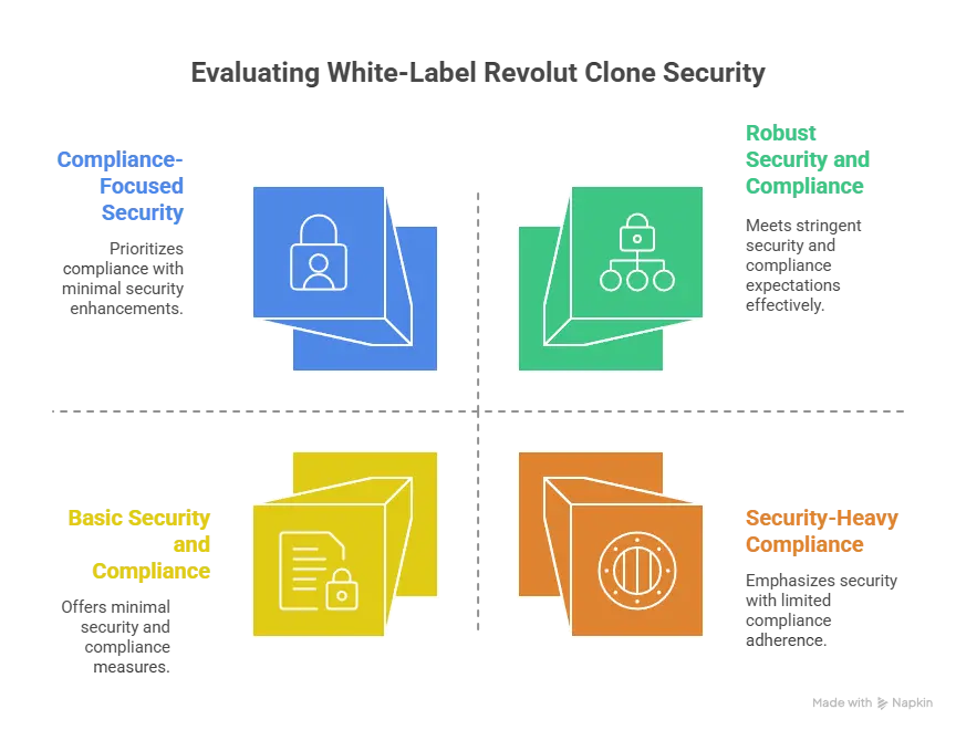 Security architecture matrix comparing authentication, encryption, compliance, and data protection in white-label fintech apps