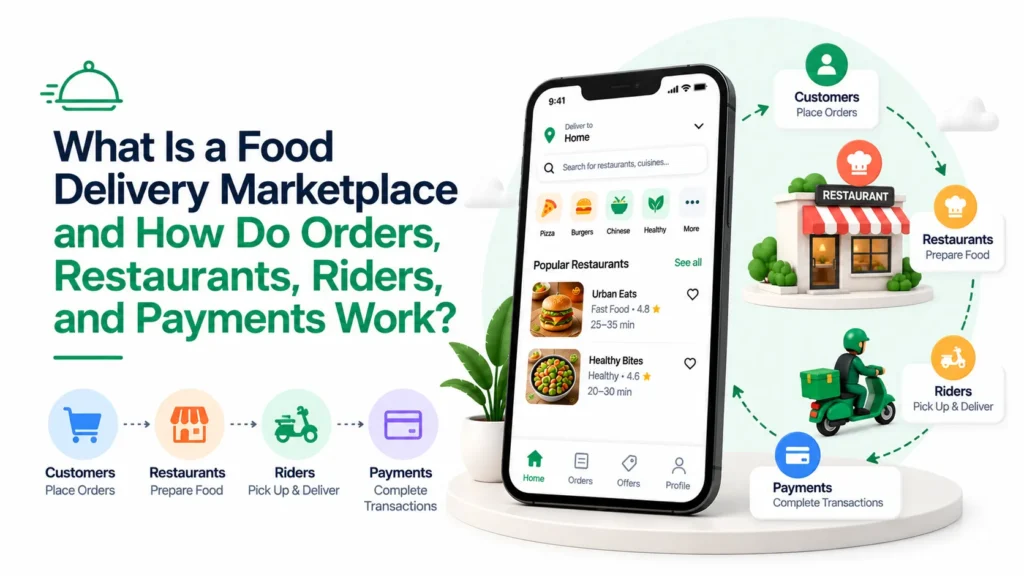 Food delivery marketplace showing how customers, restaurants, riders, and payments work together
