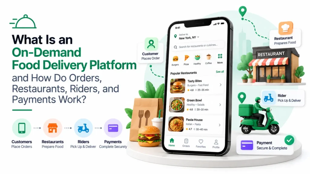 On-demand food delivery platform showing customers placing orders, restaurants preparing food, riders delivering orders, and secure payment processing.