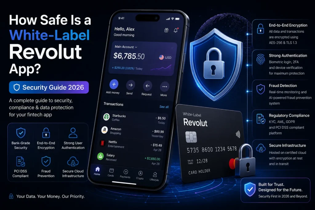 White-label Revolut app security visual showing fintech mobile wallet, encrypted transactions, bank-grade security, strong authentication, fraud detection, PCI DSS compliance, secure cloud infrastructure, and shield lock protection.