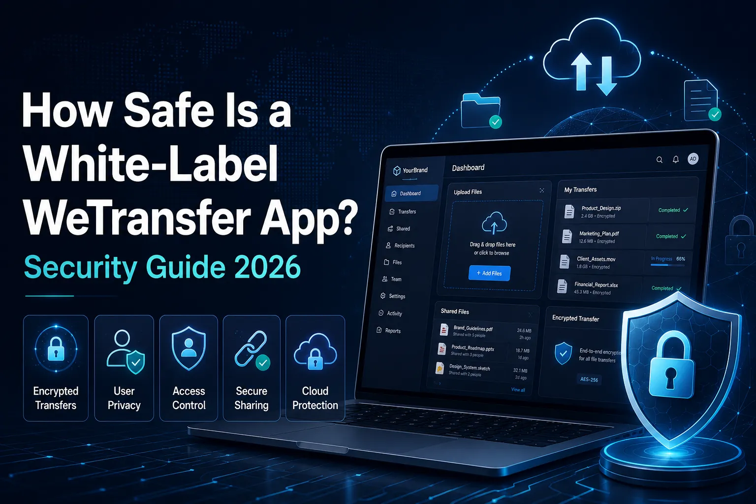 White-label WeTransfer app security visual showing encrypted file transfers, secure sharing, user privacy, access control, cloud protection, upload dashboard, and shield lock protection.