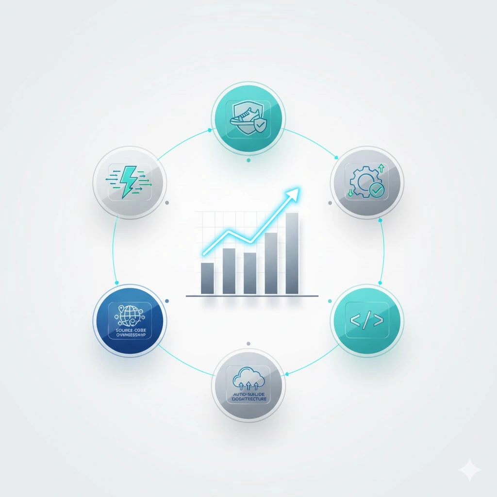 Engaging 3D chart-style graphic illustrating Miracuves’ strengths for StockX Clone Script development on a white background.