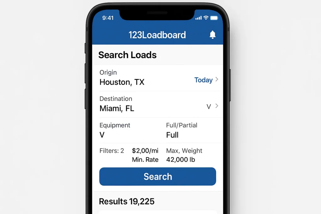 123Loadboard screen showing advanced search for freight loads with equipment filters, location and minimum rate settings.