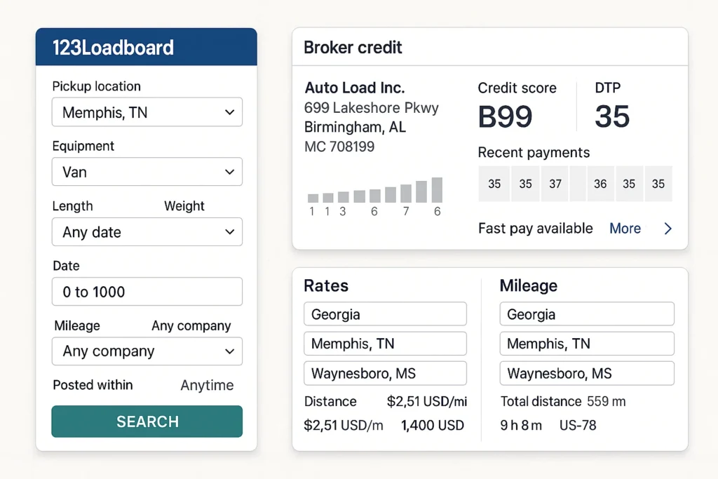 A detailed screenshot of the 123Loadboard app interface showing a load search form with fields such as pickup location Memphis TN, equipment type van, date range, mileage filters, and a broker credit panel displaying Auto Load Inc. credit score B99, DTP 35, recent payment history, and freight rates and mileage information for Georgia, Memphis TN, and Waynesboro MS.