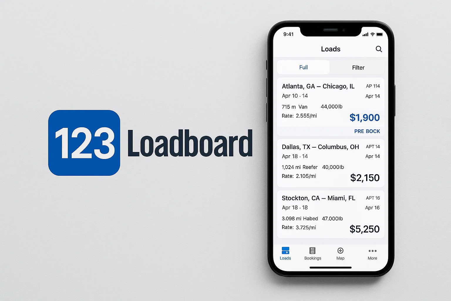 123Loadboard mobile app screen showing list of available freight loads between major US cities with price per mile and booking options.