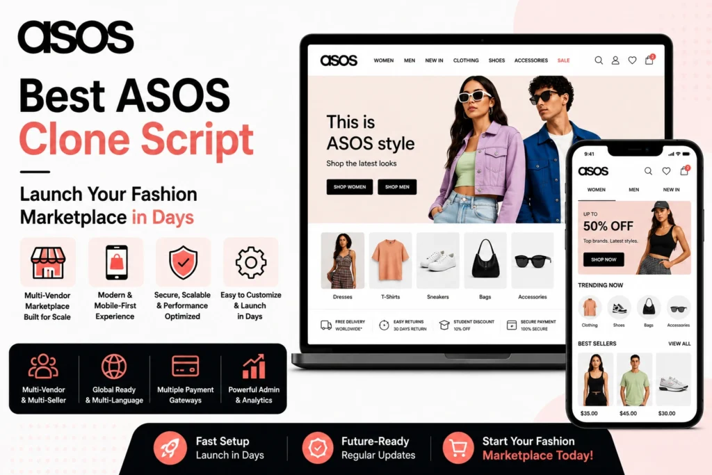Modern ASOS clone script feature image showing a fashion marketplace website on laptop and mobile screens with bold headline text “Best ASOS Clone Script – Launch Your Fashion Marketplace in Days.” The design uses a clean white background with black and soft pink accents, highlighting multi-vendor marketplace features, mobile-first shopping, secure payments, and scalable eCommerce tools.