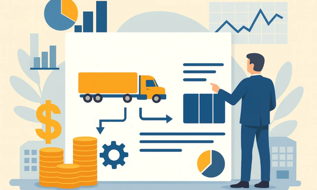 Illustration showing freight truck, logistics workflow, revenue growth, and marketplace analytics symbolizing the business model of 123Loadboard