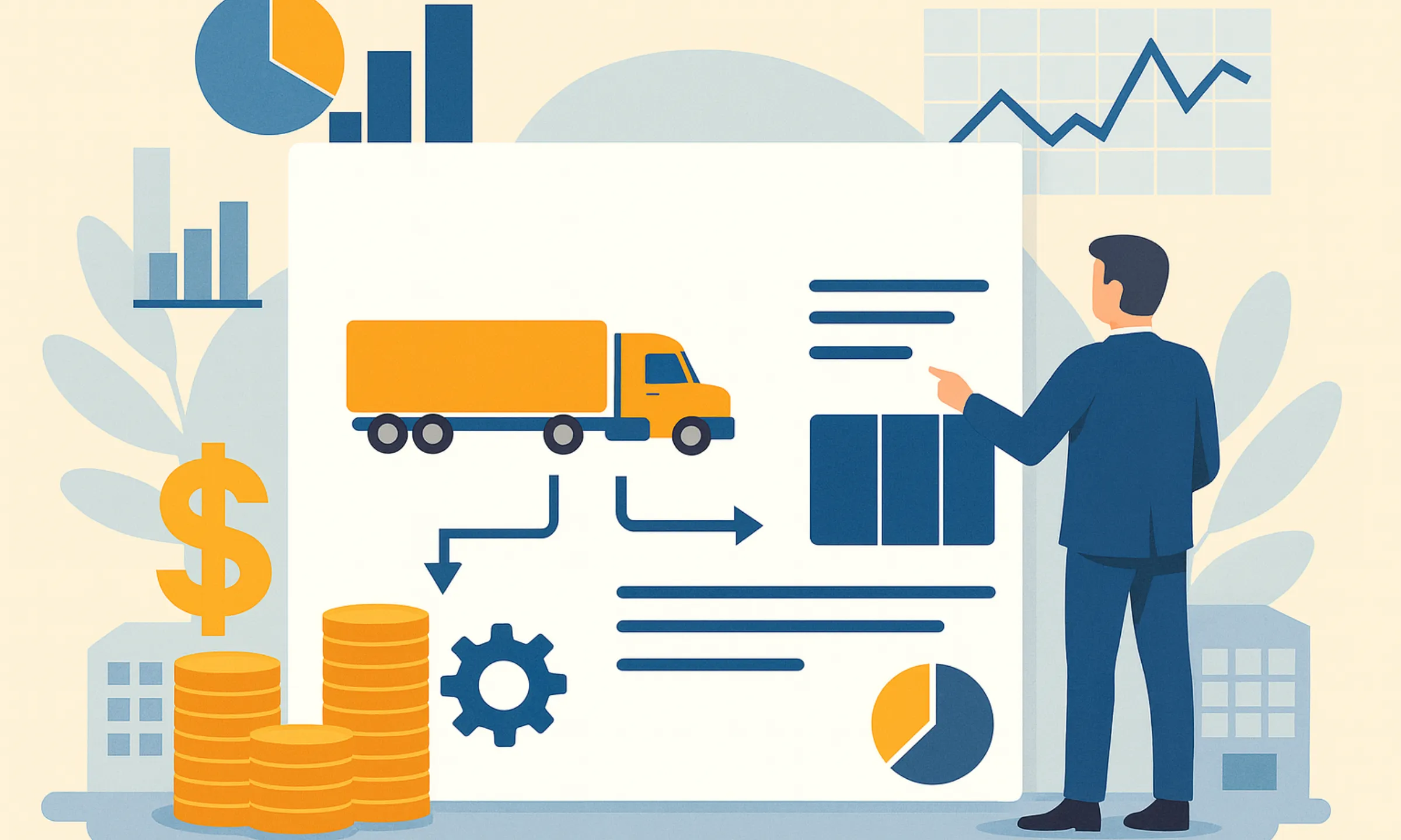 Illustration showing freight truck, logistics workflow, revenue growth, and marketplace analytics symbolizing the business model of 123Loadboard
