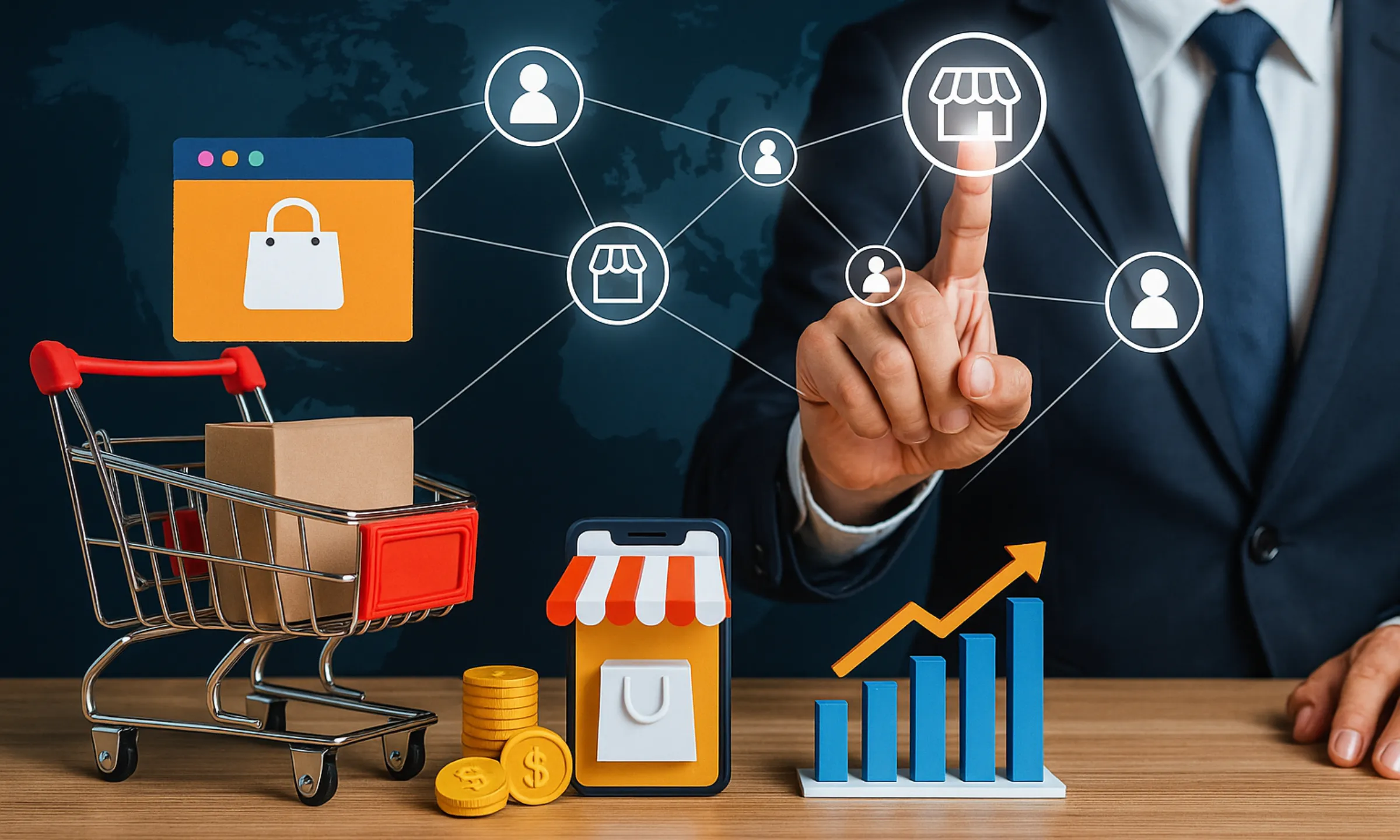 Digital illustration representing the business model of aliexpress with shopping cart, eCommerce icons, and global marketplace elements.