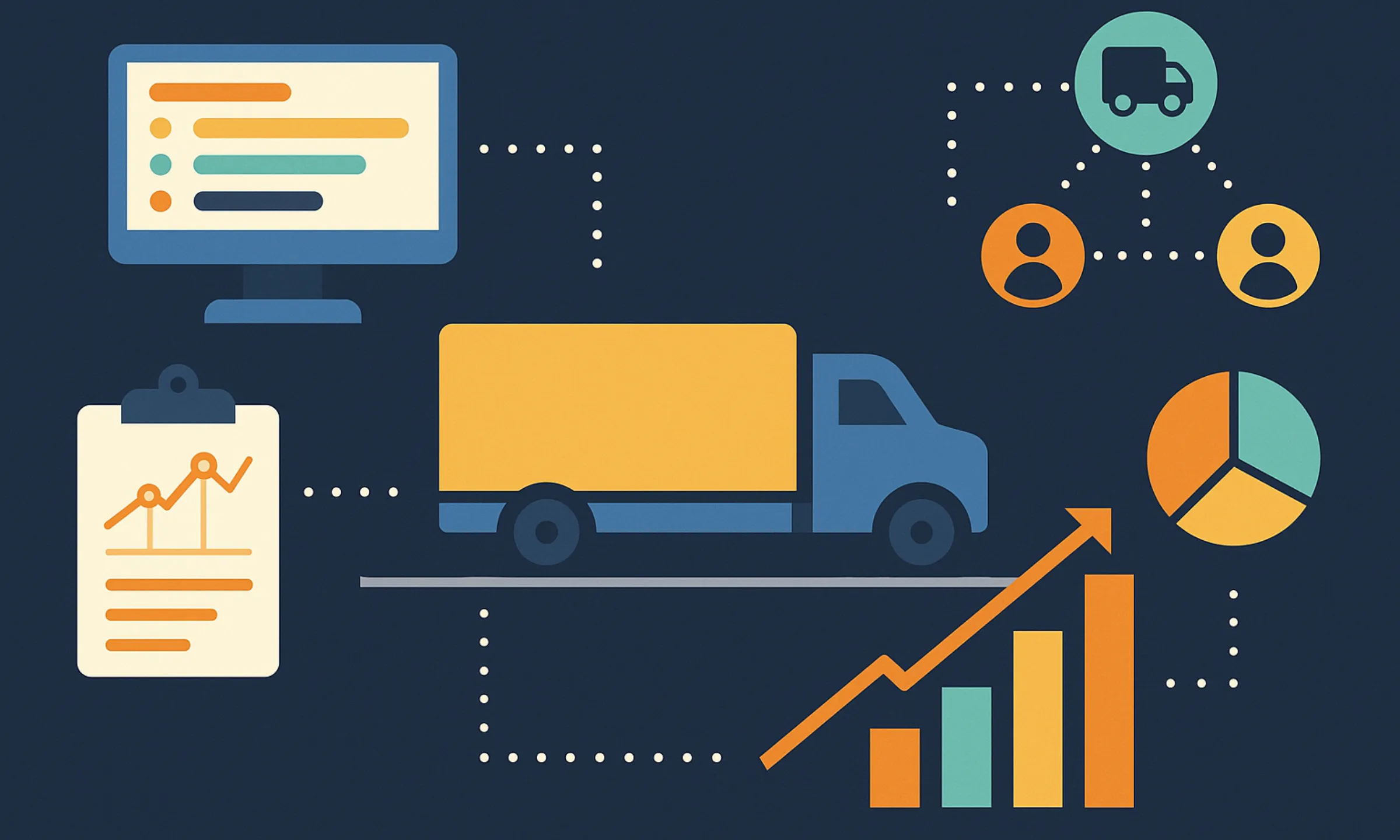 Illustration showing business model of DAT Load Board with truck, freight data dashboard, network effects, and revenue growth analytics