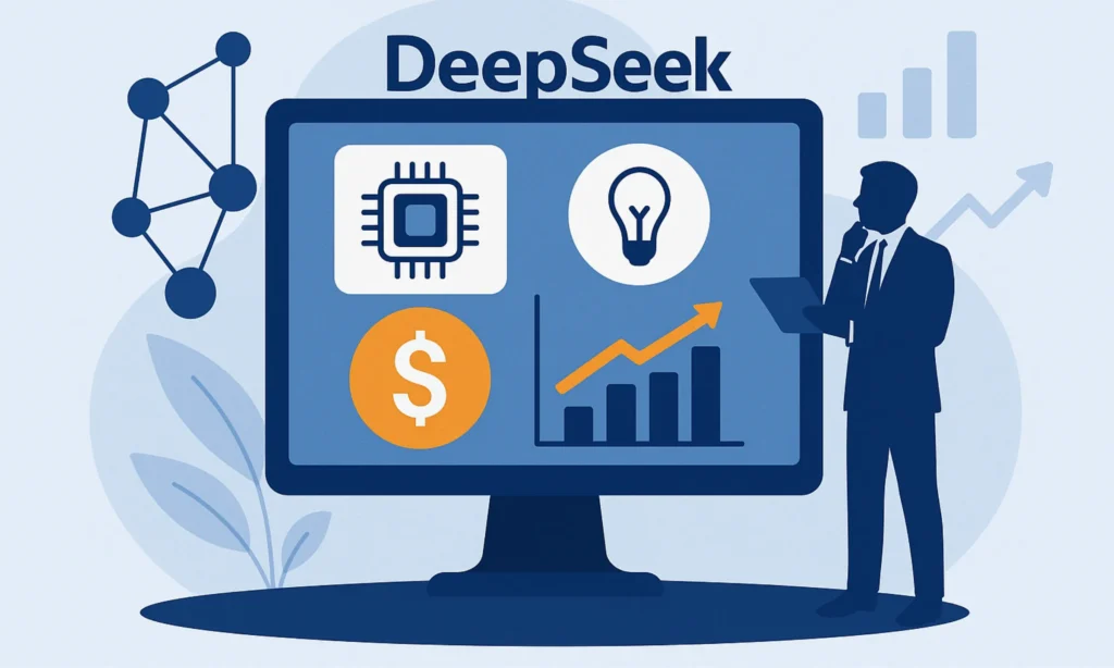 Illustration showing business model of Deepseek concept with AI, technology, and growth symbols