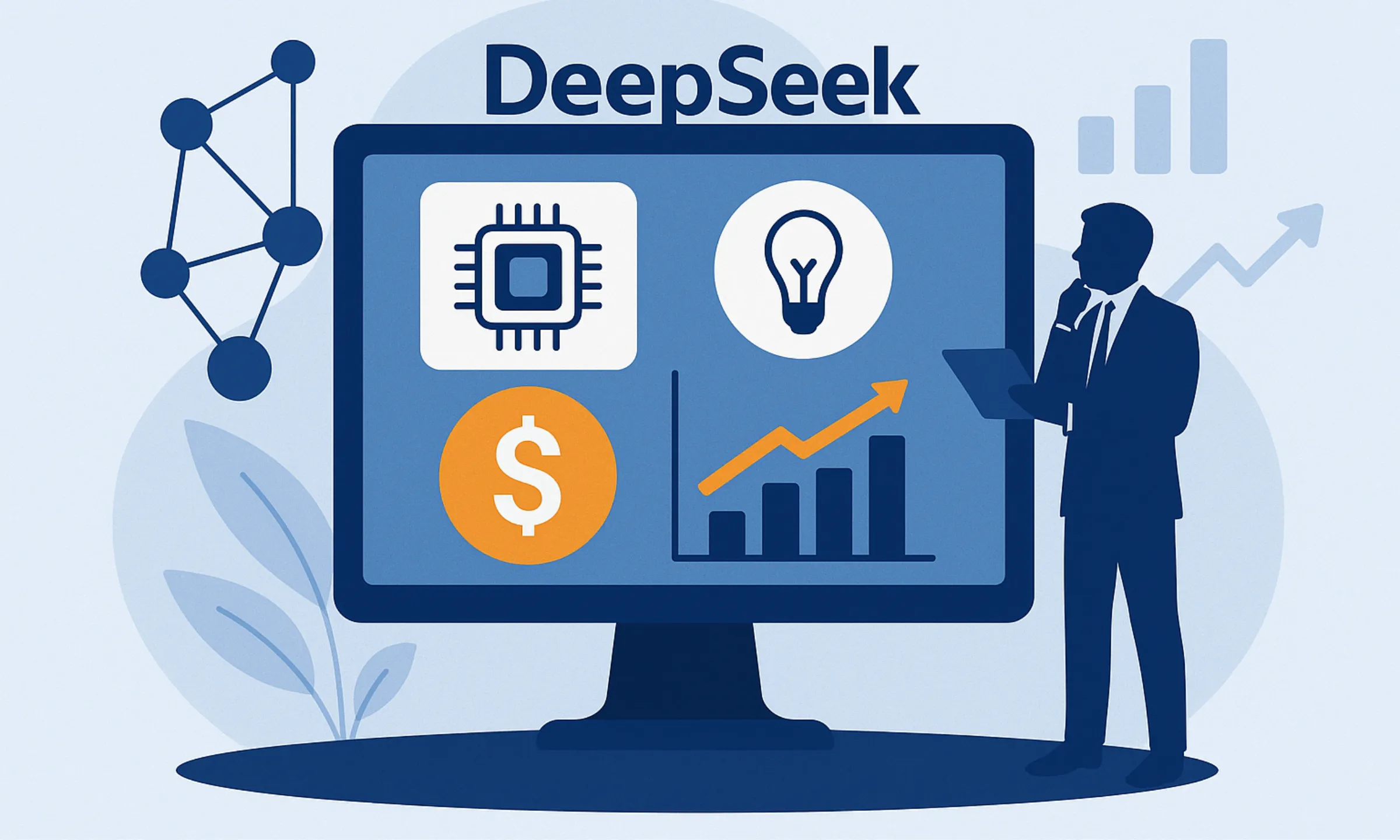 Illustration showing business model of Deepseek concept with AI, technology, and growth symbols