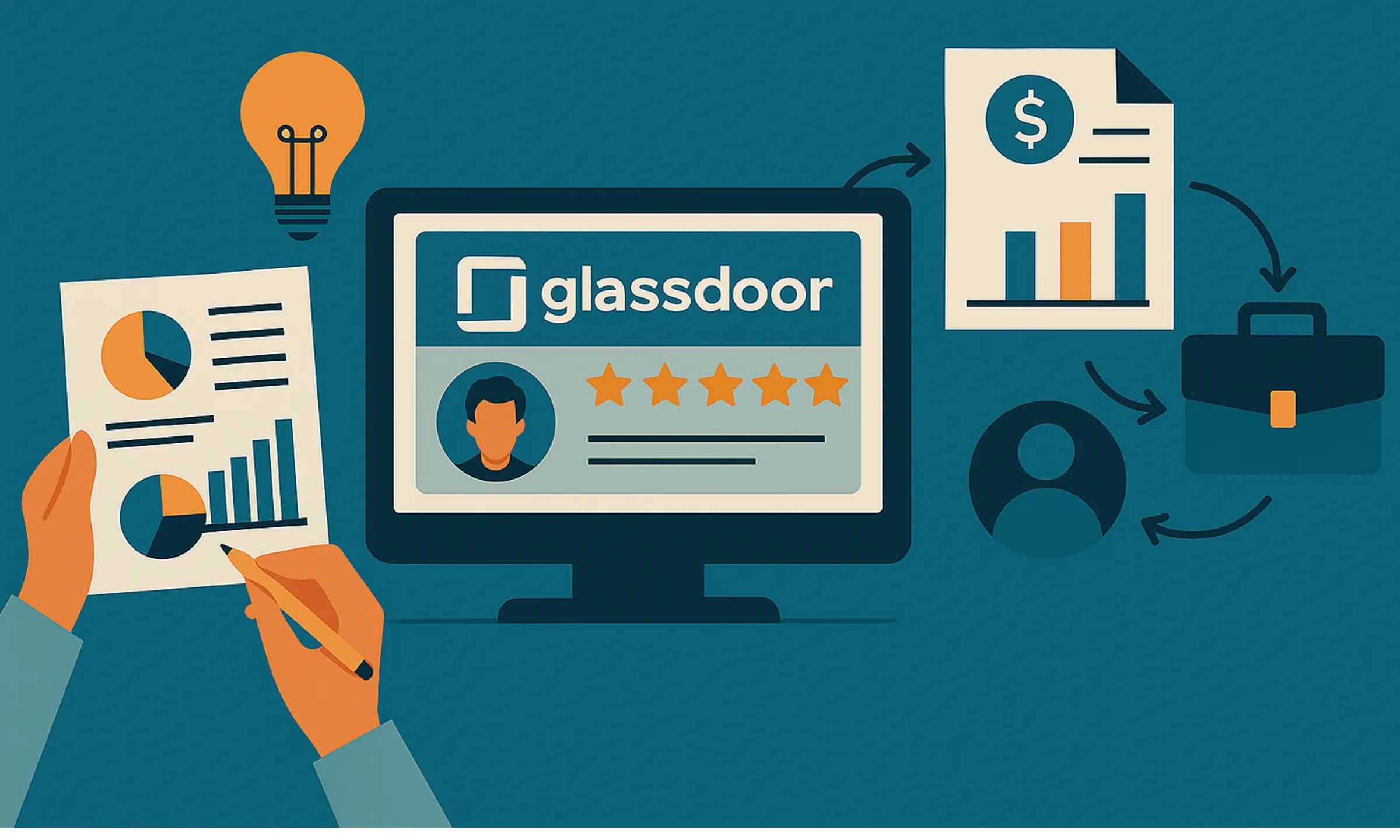 Illustration showing transparent business model of Glassdoor with charts, analytics, and job insights representing how the platform connects employers and job seekers.