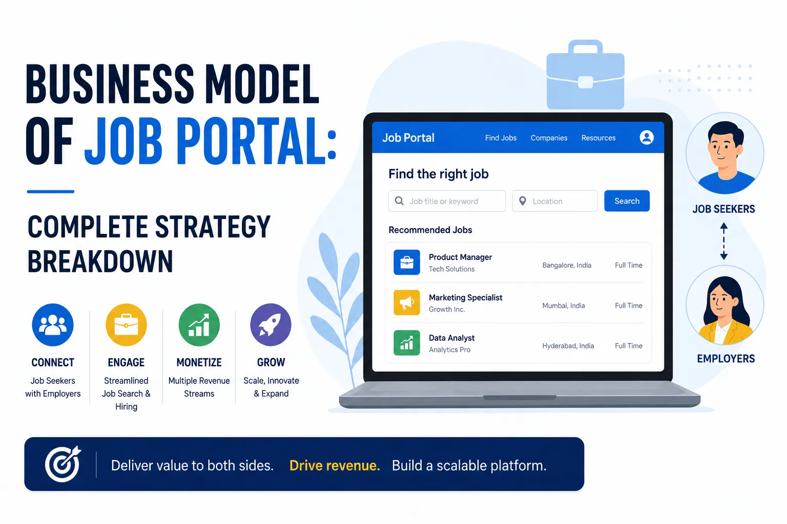 Simple business model feature image showing a modern job portal platform connecting job seekers and employers through an online recruitment marketplace, with a clean dashboard interface and growth-focused visual elements.