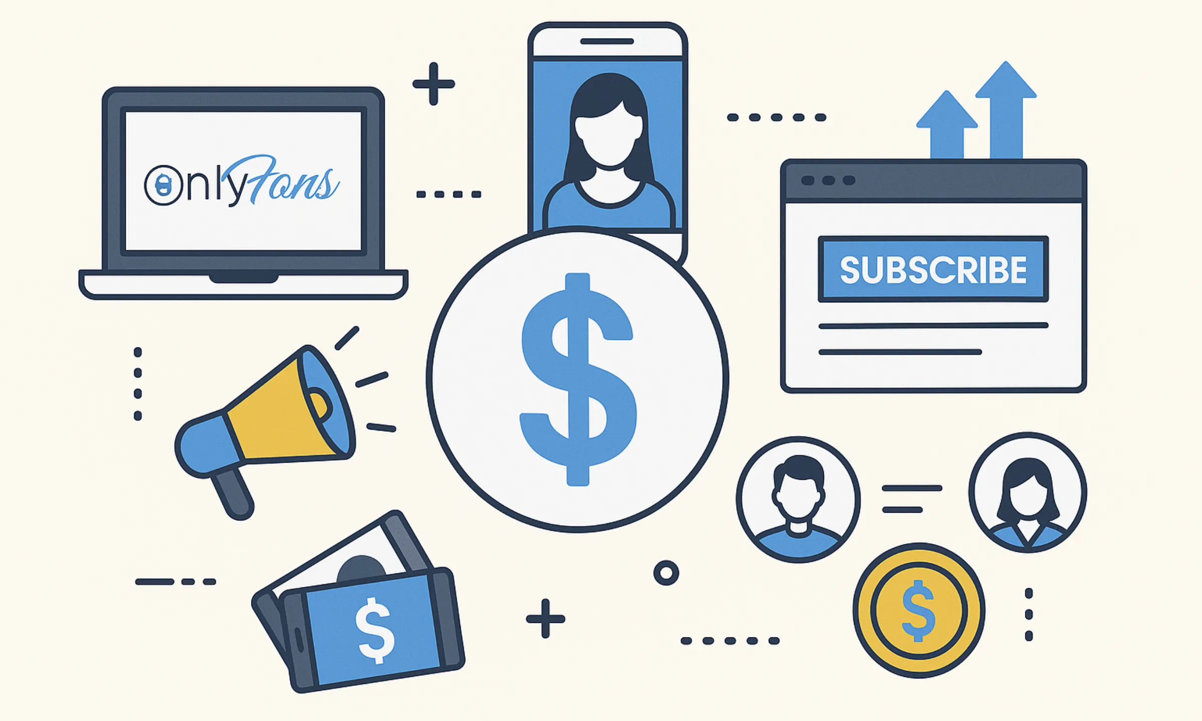abstract digital illustration showing business model of OnlyFans concept with creators, subscribers, money flow, and subscription interface