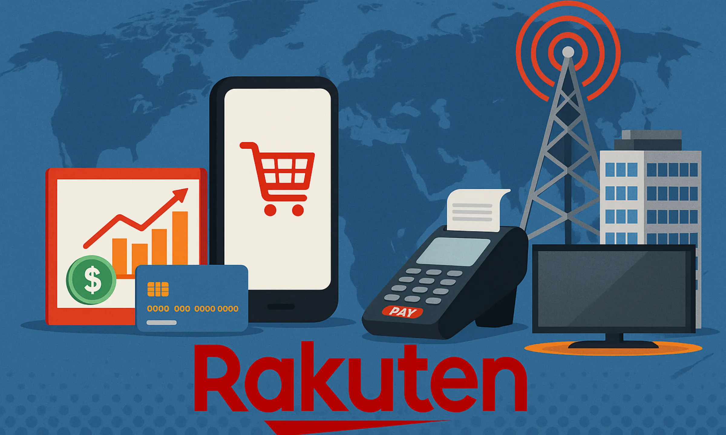 Illustration showing Rakuten’s digital ecosystem with shopping, payments, telecom, and fintech elements. Business Model of Rakuten