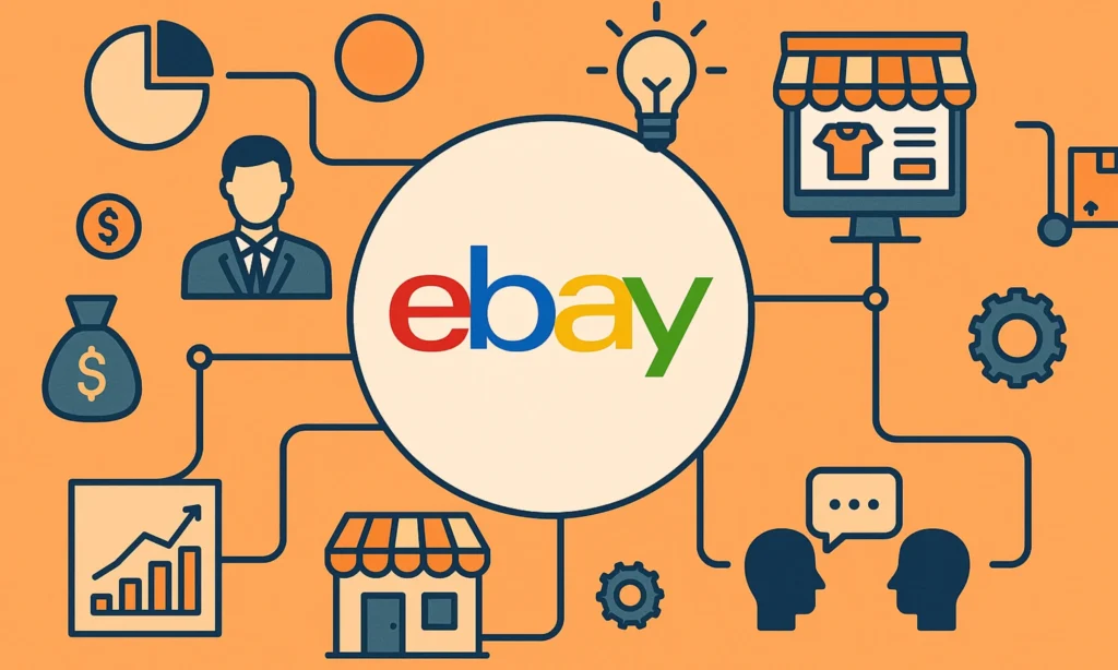 Creative illustration representing business model of eBay with icons of marketplace, commerce, and growth connections.