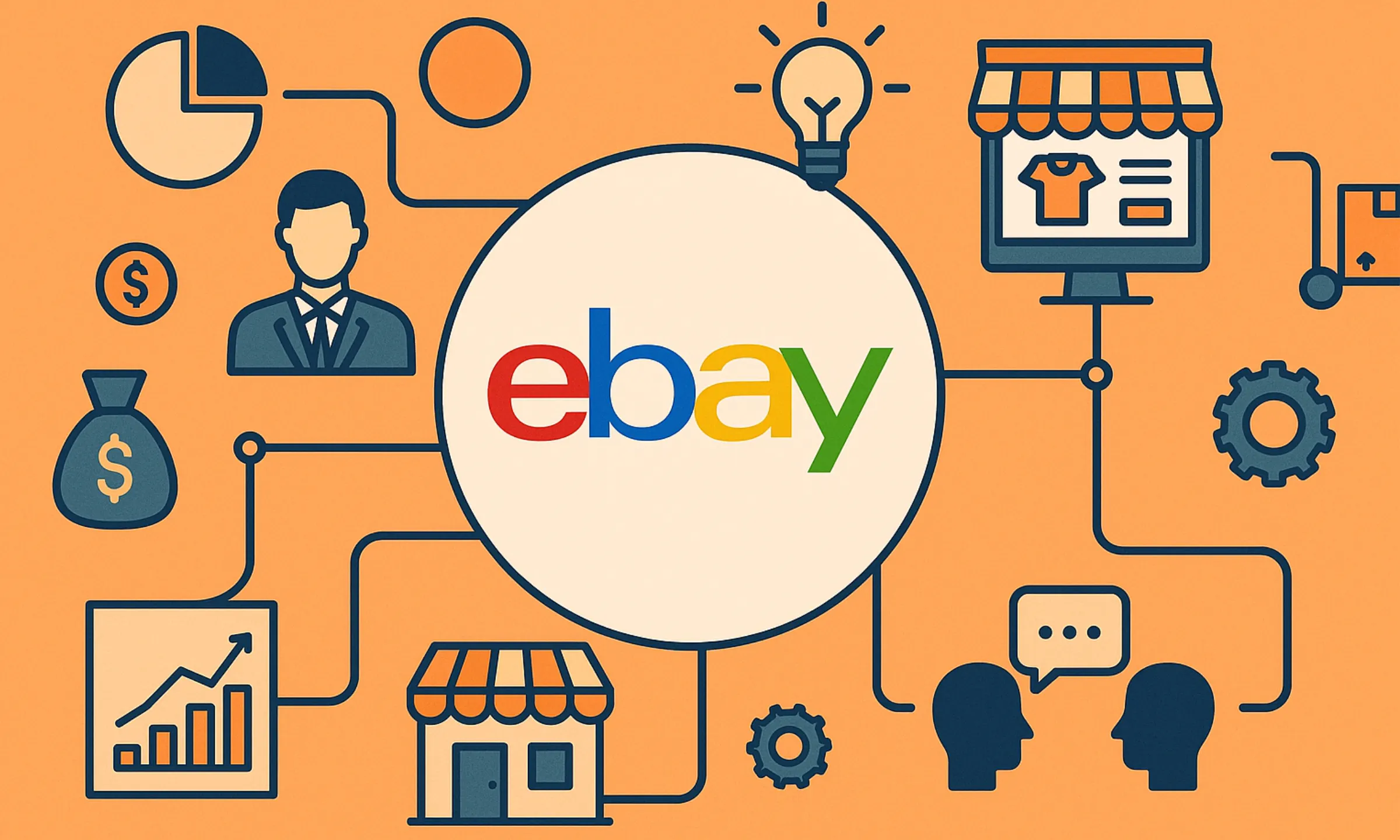 Creative illustration representing business model of eBay with icons of marketplace, commerce, and growth connections.
