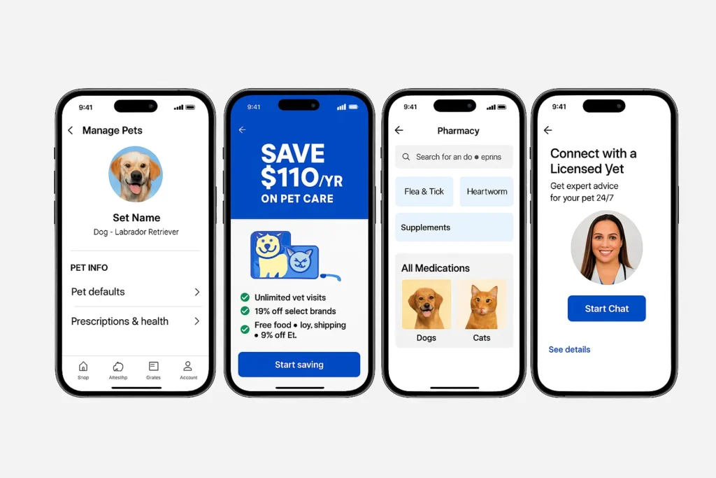 Chewy App Features – Autoship Pharmacy Vet Chat Screens