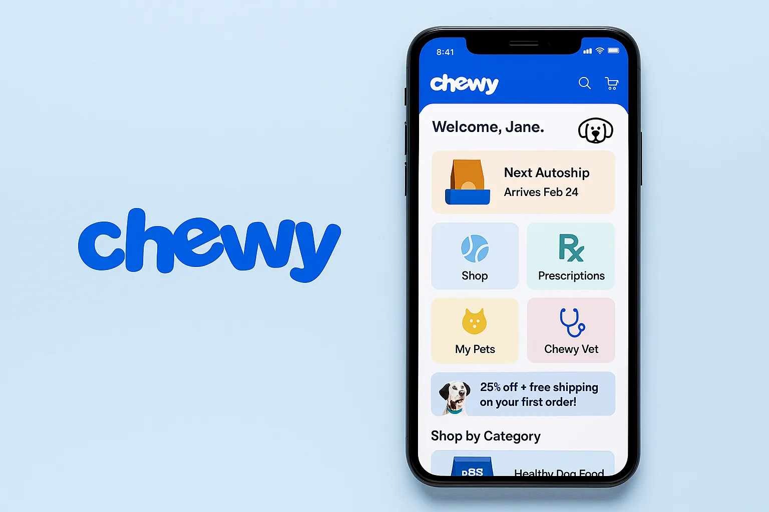 Chewy app interface showcasing home screen with pet care features and Autoship options