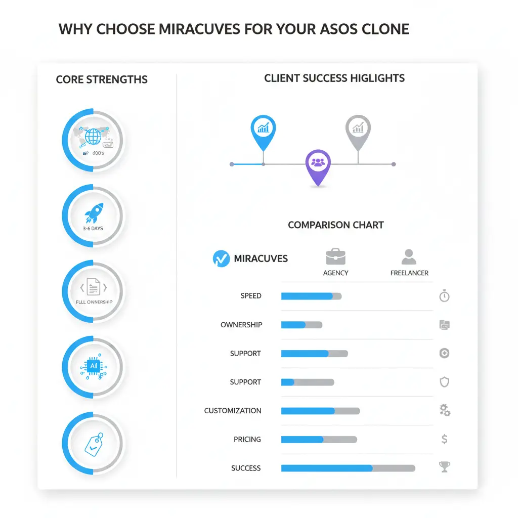 Comparison chart illustrating why entrepreneurs choose Miracuves for ASOS Clone Script— highlighting delivery speed, ownership, scalability, and support advantages.