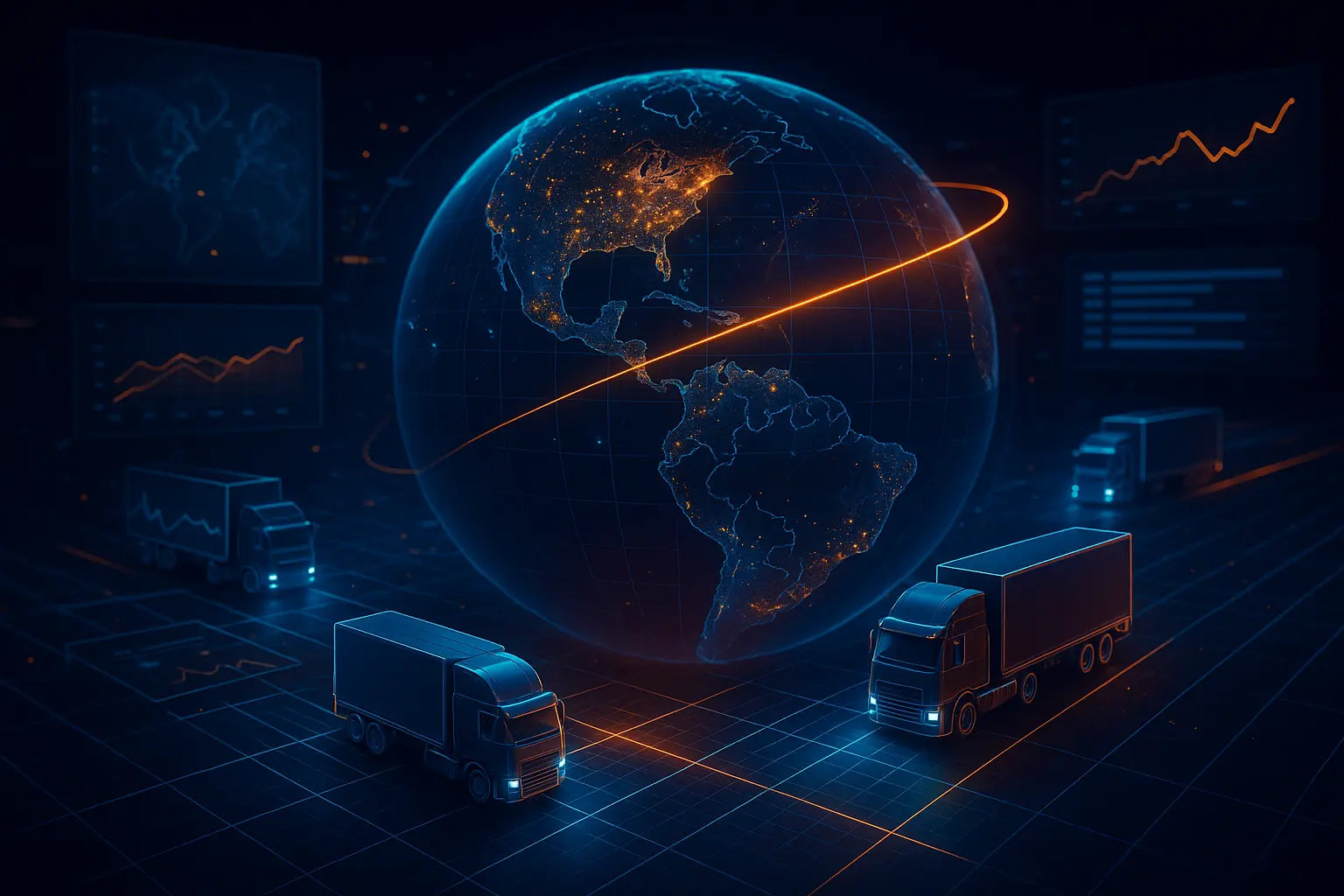 Digital freight load board marketplace interface with holographic trucks and real-time logistics tracking system